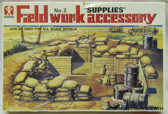 Bandai 1/48 Field Work Accessory  Supplies 55 Gallon Drums (6) / Wooden Casks (4) / Sand Bags (12)/ Bed Rolls (6) / Kit Bags (8) / Wooden Crates with Lids (4) / Jerry Cans (8), 8230-125 plastic model kit